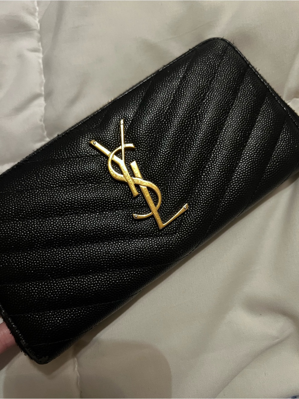 Saint Laurent Black Quilted Zip-Around Wallet with Gold YSL Emblem